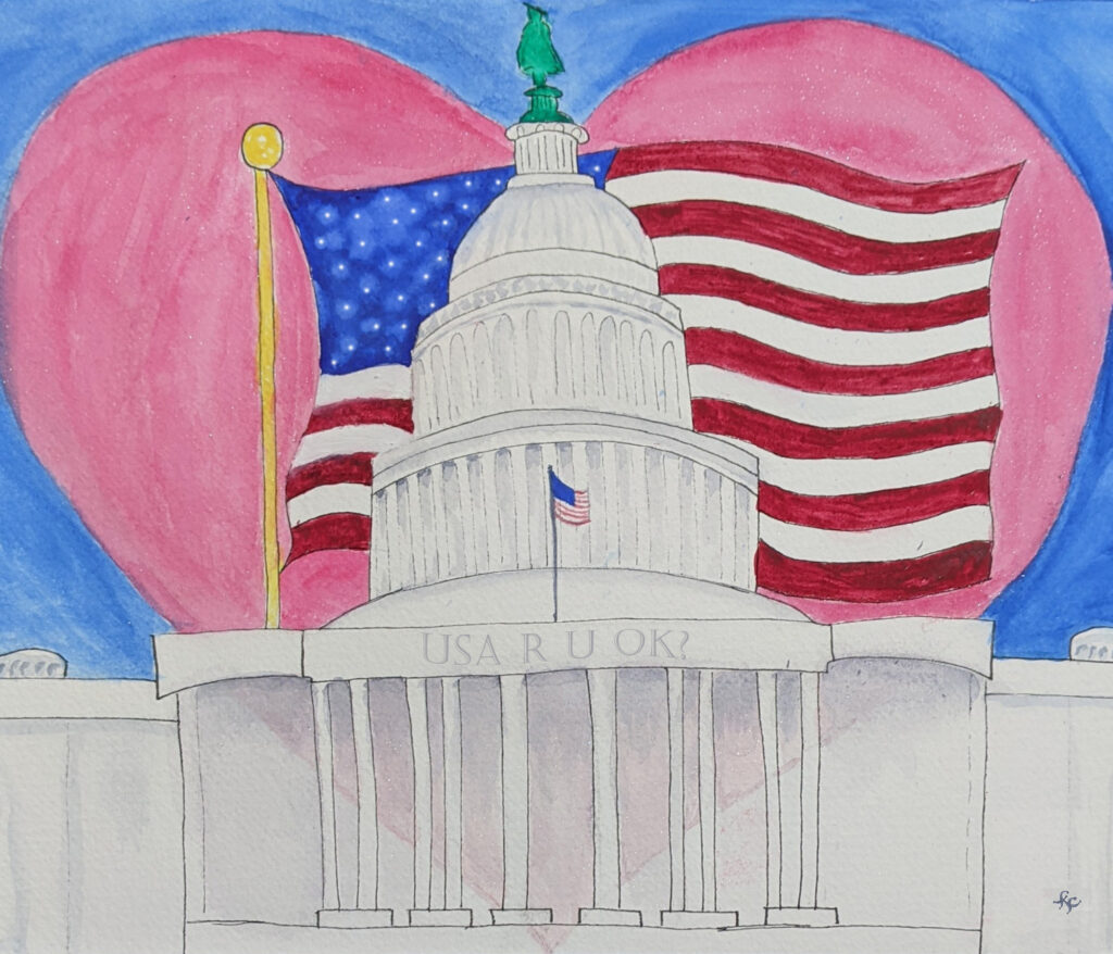 Watercolor of Capitol Building with Heart and Flag